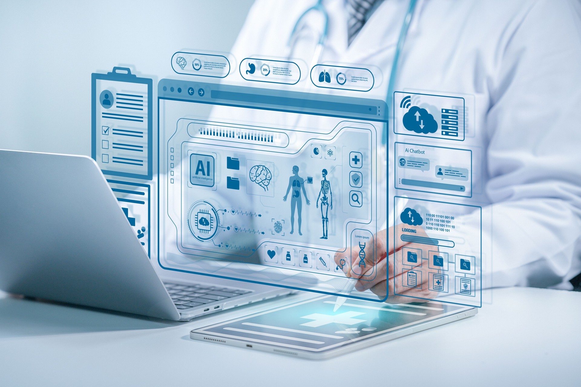 Medical Health Cloud data Concept. A doctor analyzing with a tablet and laptop, accessing medical cloud data via holographic interfaces displaying patient information, AI insights and body scans.